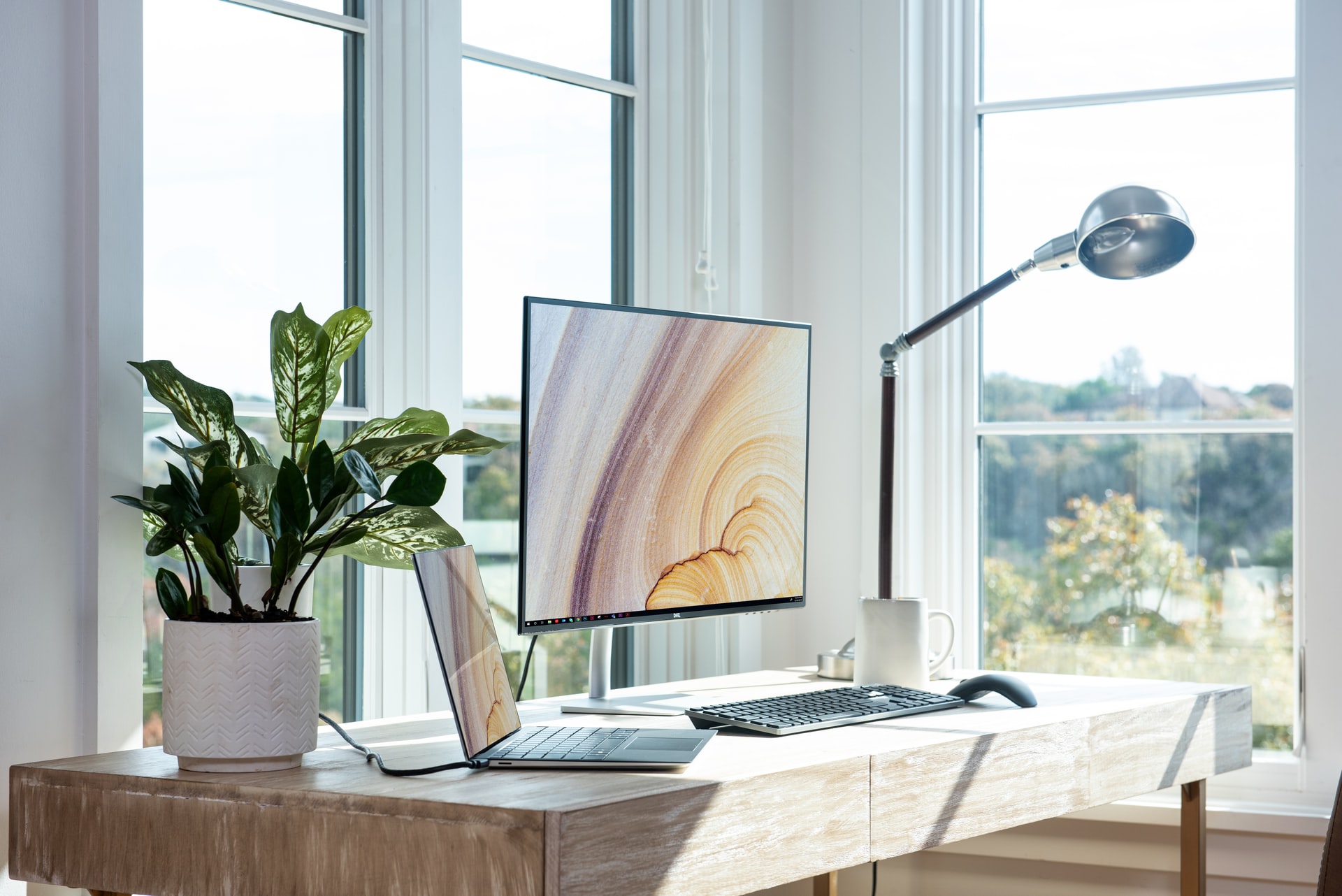 Computer setup on a wooden desk